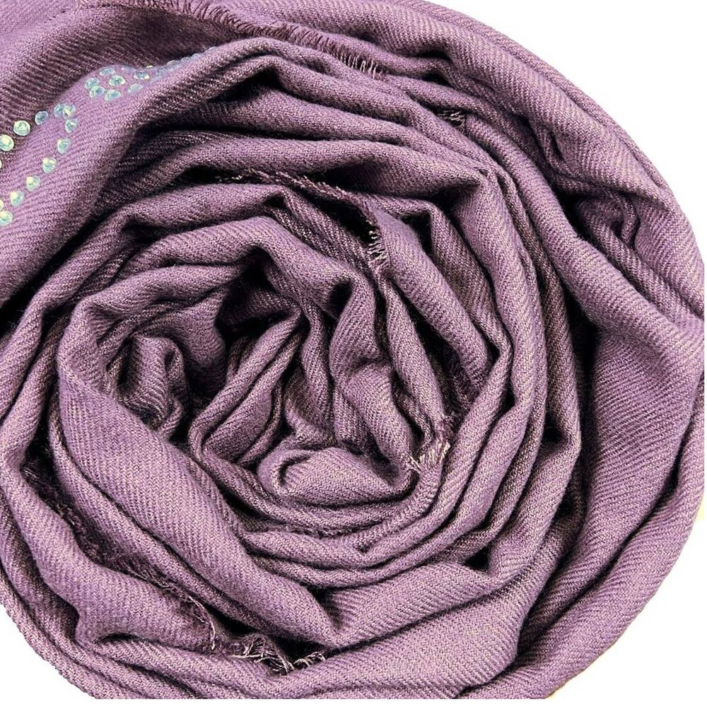 Bebe Cozy Soft Raw Edge Rhinestone Crystal Logo Scarf 68X20 Maroon Purple 68X20